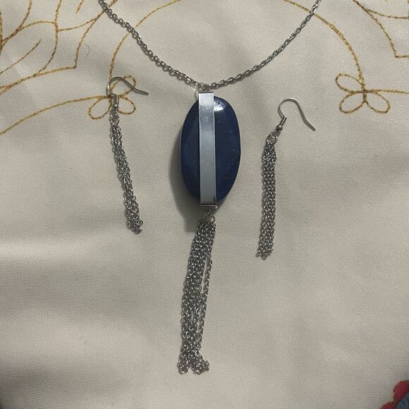 💙Blue oval stone with chains hanging necklace and earring set - Picture 1 of 1